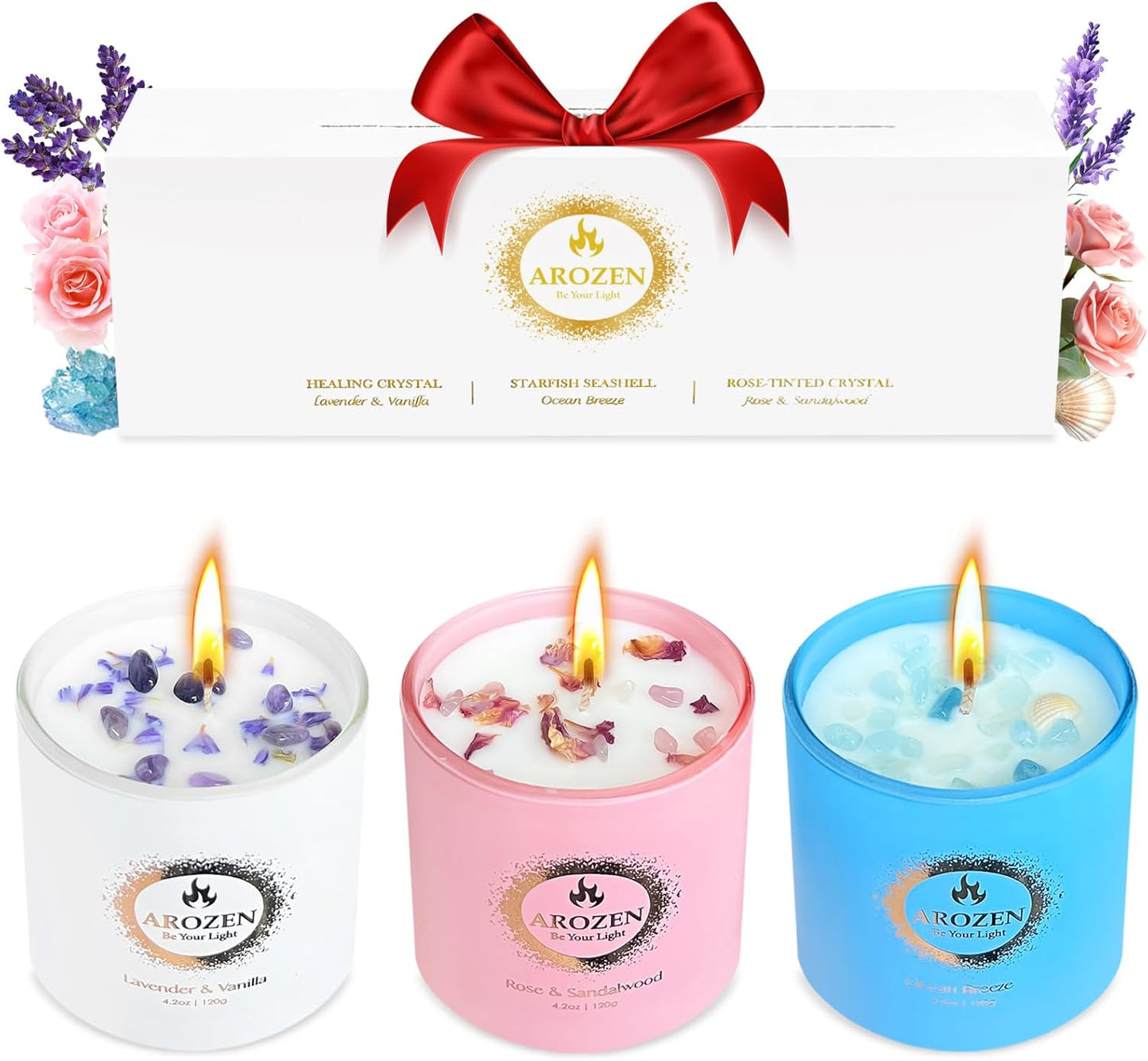 3 Pack Scented Candles Gift Set for Women, Birthday Gifts for Women, Valentines Day for her, Mothers Day Gifts, Candles for Home Scented of Lavender, Ocean Breeze & Rose Sandalwood