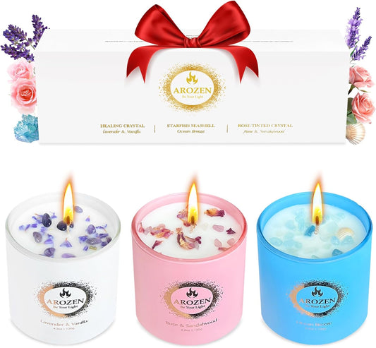 3 Pack Scented Candles Gift Set for Women, Birthday Gifts for Women, Valentines Day for her, Mothers Day Gifts, Candles for Home Scented of Lavender, Ocean Breeze & Rose Sandalwood