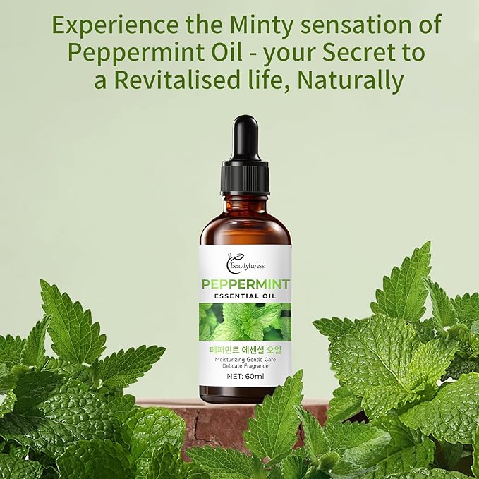 Peppermint Essential Oil 60ml-100% Pure & Natural Therapeutic Grade for Diffuser, Skincare & Hair Care-Invigorating & Refreshing Aroma for Focus, Stress Relief & Energy-Amber Glass Bottle with Dropper OKADY