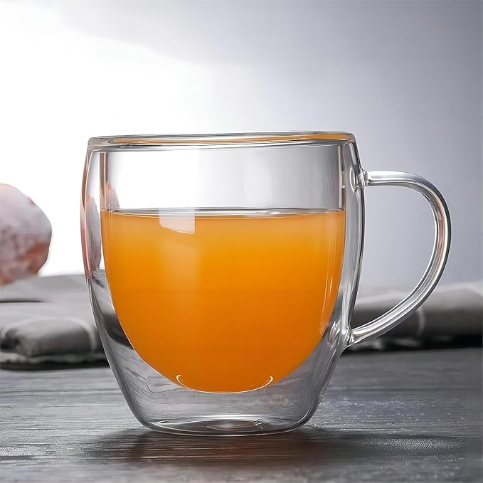 Espresso Cups Set Of 2 8 Oz, Double Walled Glass Coffee Mugs with Handle,Insulated Layer Coffee Cups,Clear Borosilicate Glass Mugs,Perfect for Cappuccino,Tea,Latte,Espresso,Hot Beverage,Wine - Bloomnest