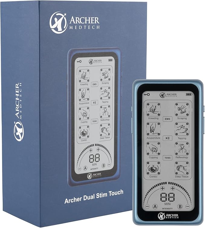Dual Stim Touch TENS/EMS Unit – Rechargeable Touchscreen Muscle Stimulator with Dual Output Ports and 32 Massage & Stimulation Modes – Durable, Portable, Professional Quality Device
