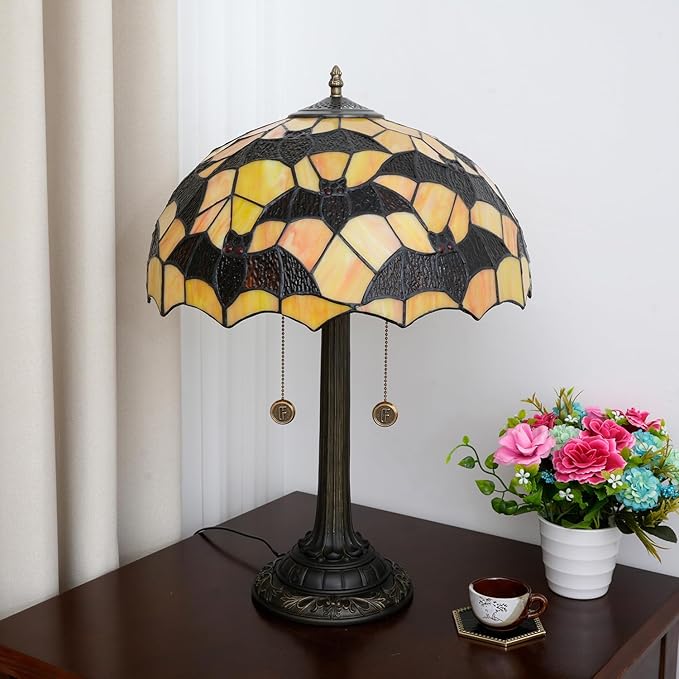 Tiffany Table Lamp Black Bat Design Stained Glass Lamp 16 inch Handmade Large Desk Light Antique Beside Reading Lamp for Home Living Room Bedroom Office - Bloomnest