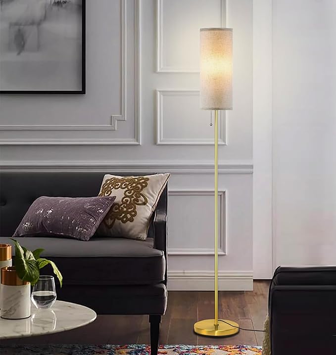Modern Floor Lamp for Living Room, Gold Standing Lamps with 3 Color Temperatures Bulb, Minimalist Tall Lamp with Chain Switch for Bedroom, LED Bulb Included(Beige Shade+Gold) - Bloomnest