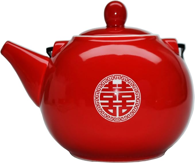 Chinese Teapot 28oz Porcelain Tea Pot Red Glazing with Detachable iron handle for Adults Men Women Tea Ceremony Wedding Party Home Decor (Double happiness Teapot) - Bloomnest