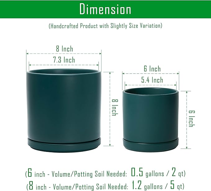 D'vine Dev 6 Inch & 8 Inch Ceramic Planter Pots for Plants with Drainage Hole and Saucer, Medium Plant Pots Set, Teal, 94-G-M-9 - Bloomnest