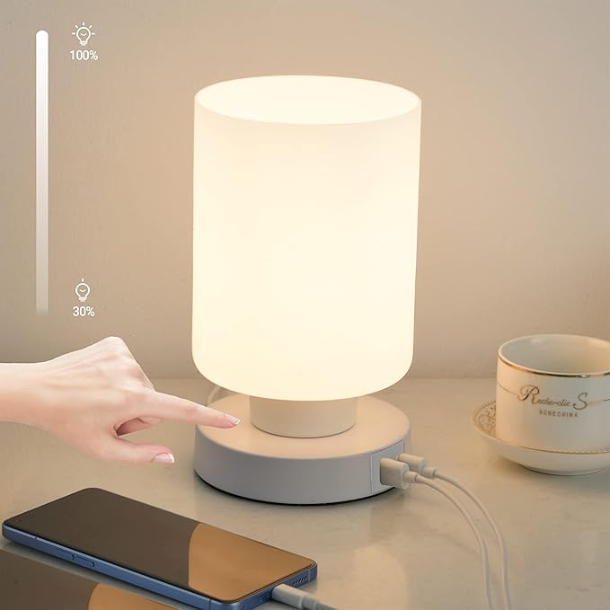 Touch Bedside Lamp, Mini Stepless Dimmable Table Lamps for Bedroom for Night Stands, Small Desk Lamp with Brightness Memory, USB Charging Ports, Warm LED Bulb, White, Cylindrical Shape, 1 Set - Bloomnest