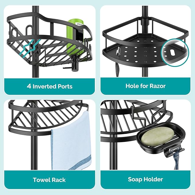 HAMITOR Corner Shower Caddy Tension Pole: Rustproof Stable 4-Tier Bathroom Organizer Shelves for Bathtub Shampoo Storage - 47-121 Inch Quick Install Adjustable Standing Rack with Soap Rack - Black - Bloomnest