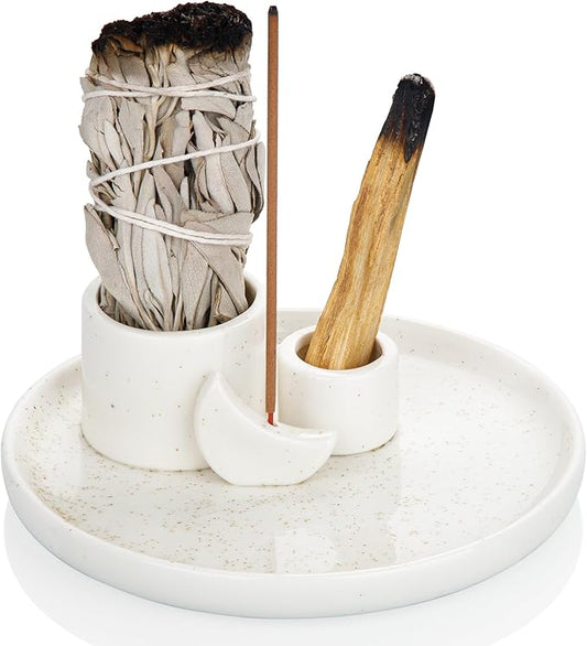 ZenBless Incense Burner, Palo Santo Sage Candle Holder for Burning, Incense Holder for Sticks, Ceramic Ash Catcher Tray for Meditation Yoga Room Home Decor Spritual Gifts(White) ZenBless