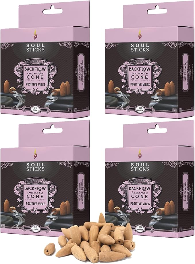 Soul Sticks Backflow Incense Cones – 40 Handmade Organic Cones for Waterfall Burner | 4 Pack Long Lasting Aromatic Scents | Thick White Smoke Incense for Meditation, Yoga & Gifts (Positive Vibes) SoulSticks