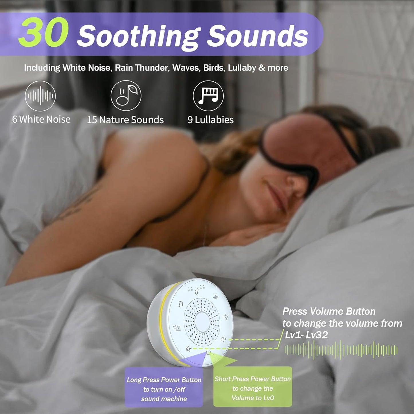 Portable White Noise Sound Machine with 30 Soothing Sounds,5 Color Night Light,3 Timers, Memory Function, Child Lock, White Noise Machine for Baby Adults Kids Sleeping Travel Office Privacy