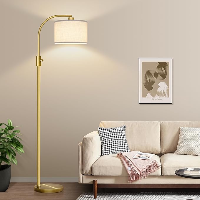 Brass Arc Floor Lamp - Dimmable LED with White Shade for Living Room, Bedroom, Office & More - Bloomnest