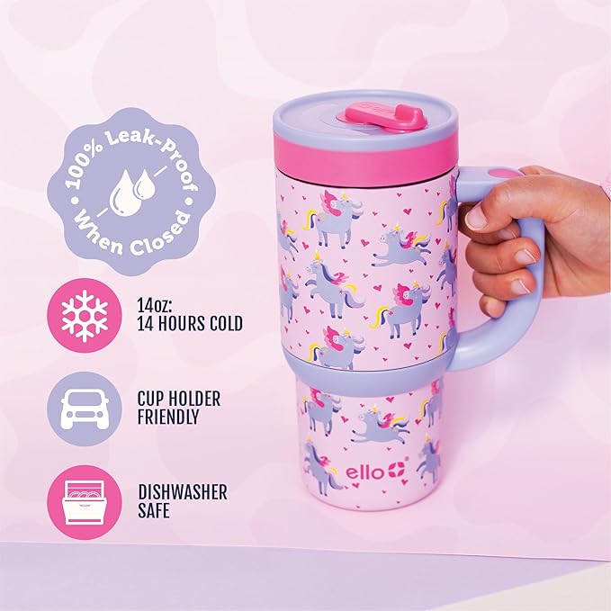 Ello Oasis 14oz Stainless Steel Toddler Tumbler with Handle & Retracting Straw, 100% Leakproof, Double-Wall Vacuum Insulated, Kids Water Bottle for School, BPA Free, Dishwasher Safe, Unicorns - Bloomnest