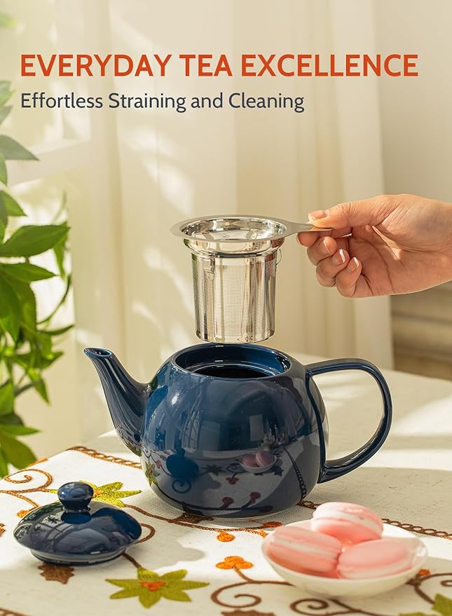 Sweese Teapot, Porcelain Tea Pot with Stainless Steel Infuser, Blooming & Loose Leaf Teapot - 27ounce, Navy - Bloomnest