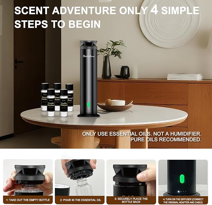 Waterless Scent Diffuser Starter Kit - 1000 Sq Ft Coverage, Essential Oil Diffuser for Home, Hotel & Office, Included 5 Scent Oils, Remote Control, Aromatherapy Diffuser, Ultra Black - Bloomnest