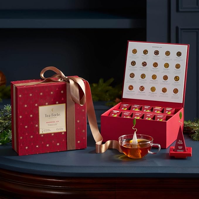 Tea Forte Warming Joy Holiday Assorted Premium Tea Chest Gift Sampler, 40 Count, 2 of each Variety Blend Individually Wrapped Handcrafted Pyramid Infuser Bags - Bloomnest