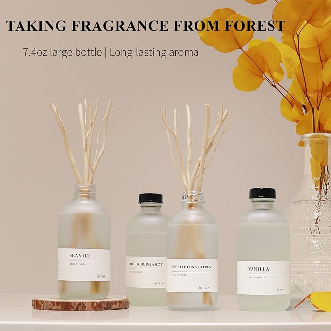 Oud Bergamot Reed Diffuser, 7.4oz(220ml) Orange & Cedar Wood Essential Oils, Air Freshener for Bathroom with Willow Branches Decor, Long Lasting Fragrance for Home, Office (1-Pack) AEETEEKHOMEFRAGRANCE