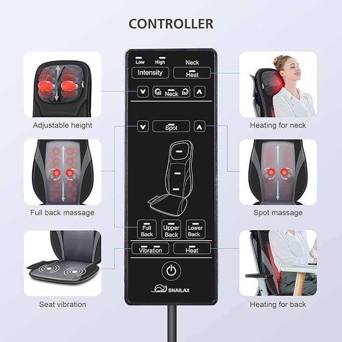 Snailax Shiatsu Back Massager with Heat -Deep Kneading Massage Chair Pad with Adjustable Intensity, Shiatsu Chair Massager to Relax Full Body Muscle - Bloomnest