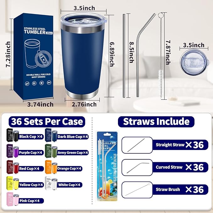 36 Pack, 20oz Stainless Steel Bulk Tumblers with Lids and Straws, Leakproof Double Wall Travel Mug for Hot/Cold Drinks, Home Office Outdoor Party, Durable Powder Coated Insulated Cup/Mix Color - Bloomnest