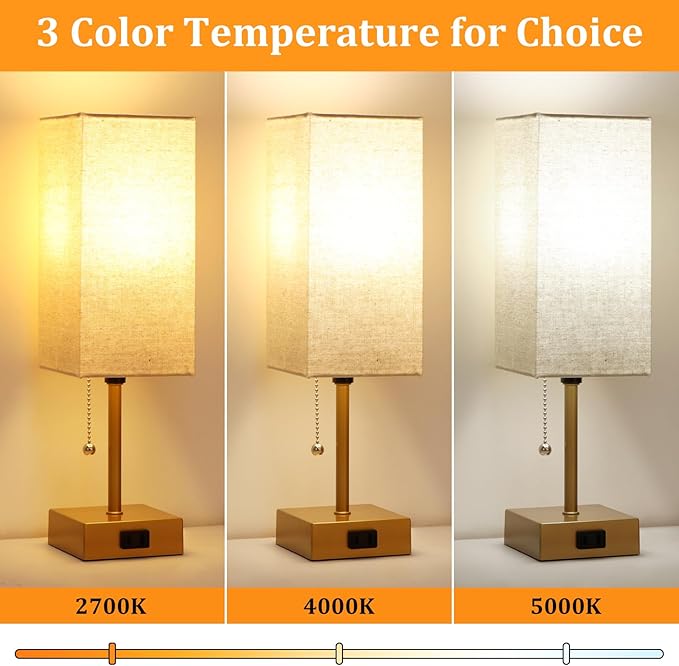 Table Lamp for Bedroom set of 2,3-Color Bedside Lamps with Pull Chain Table Lamps for Nightstand with AC Outlets,Small Night Light Lamps with 2 Bulbs Lamps for Living Room Kids Room Office Decor（Gold） - Bloomnest