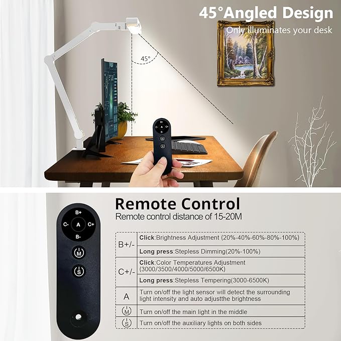 Micomlan Architect Desk Lamp with Clamp, Led Desk Lamp for Home Office with Remote Control, 24W Bright Dimmable Computer Light with Atmosphere Lighting Adjustable Table Light(Remote) - Bloomnest