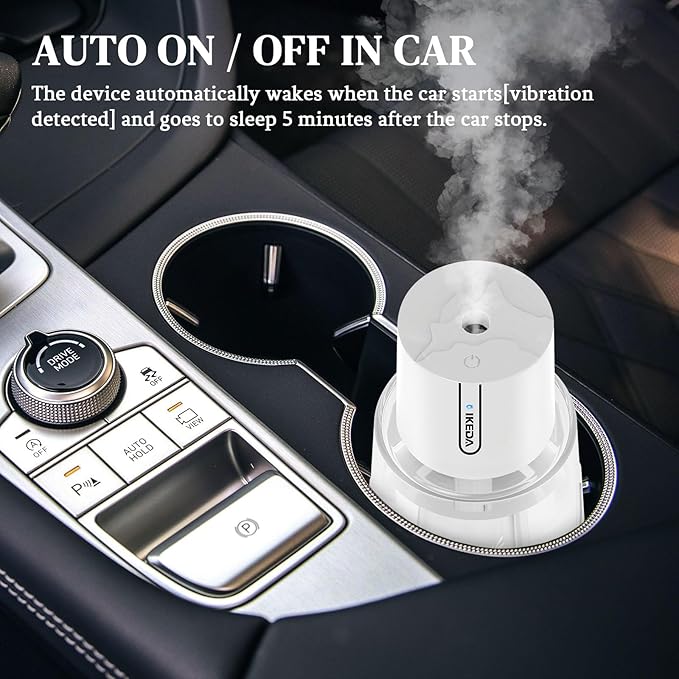 Ikeda Car Diffusers for Essential Oils,100ml Glass Car Essential Oil Diffuser, Smart Car Humidifier Diffuser, 3 Timers & 300 mAH Battery Operated Car Aroma Diffuser for Travel, Auto Shut-Off,White - Bloomnest