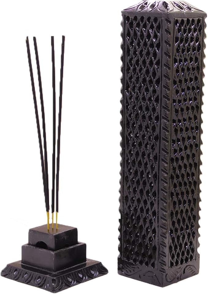 Handmade Marble Black Soapstone Incense Stick Burner | Candle Stick Holder | Tea Light Burner - Perfect Jaali Carving for Gifting. Decorative Home and Kitchen Decor (3 x 3 x 11 Inches).