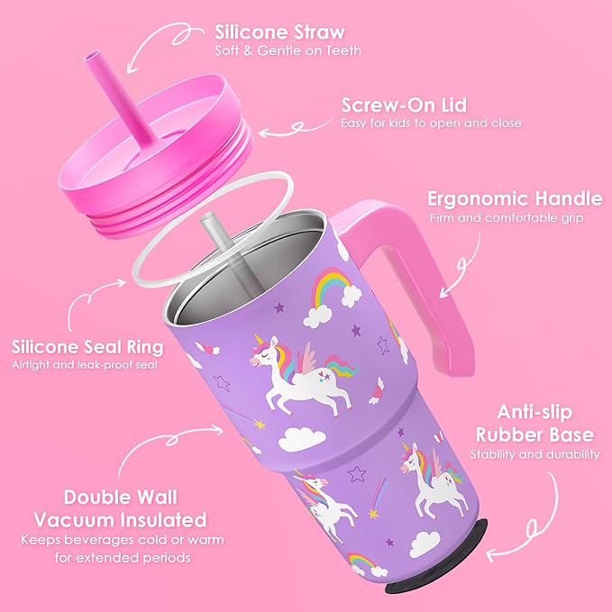 Unicorn Tumbler 20oz with Handle and Silicone Straw Lid for Kid, Insulated Stainless Steel Cup, Gift for Kids Girls, Gifts Idea for Birthday Christmas Back to School - Bloomnest
