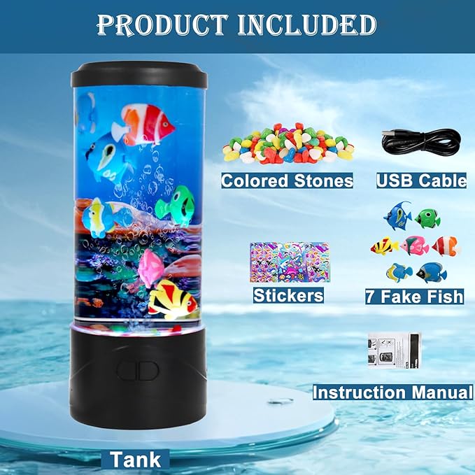 Toycol Bubble Fish Lamp, Ocean Theme Mini Aquaruim Light with 7-Color Changing, with 7 Fake Fish, USB Powered Night Light, Kids Room Decor, Great Gift for Children and Adults - Bloomnest