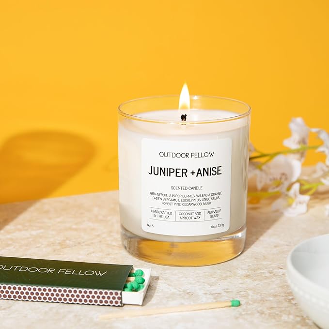 Outdoor Fellow Juniper + Anise Scented Candle, 8oz, Coconut & Apricot Wax Blend, Juniper Berry, Zesty Grapefruit, Citrus Peel, Reusable Glass, 40-50 Hour Burn Time - Bloomnest