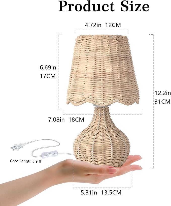 Rattan Small Bedside Table Lamp for Bedroom, Boho Mini Table Lamps for Nightstand, Farmhouse Small Table Lamps for Small Spaces for Kitchen Counter, Bookshelf, Bedroom, Kids Dorm - Bloomnest