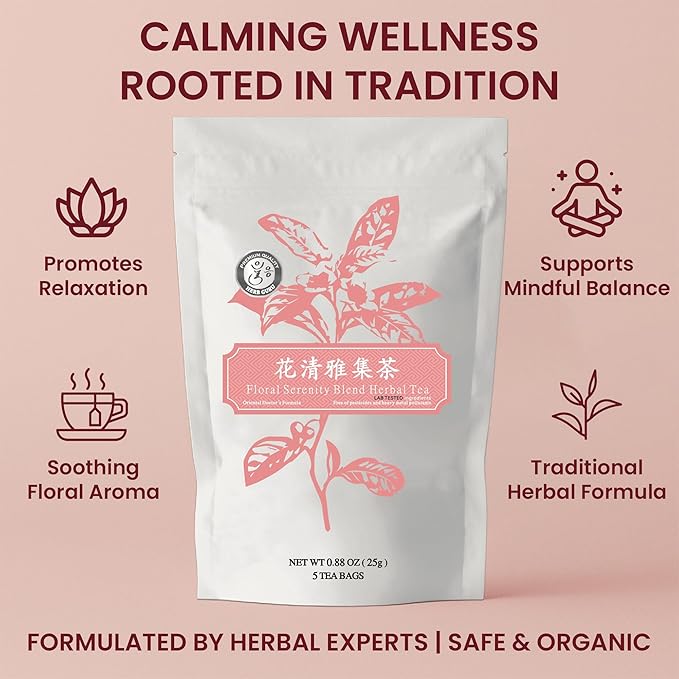 Herb Guru Floral Serenity Blend Herbal Tea, natural Herbal With Rose, Honeysuckle, Chrysanthemum, and Licorice Root, Herb Infusion & Relaxing Beverage, Includes 5 natural Tea Bags for Mindful Sipping