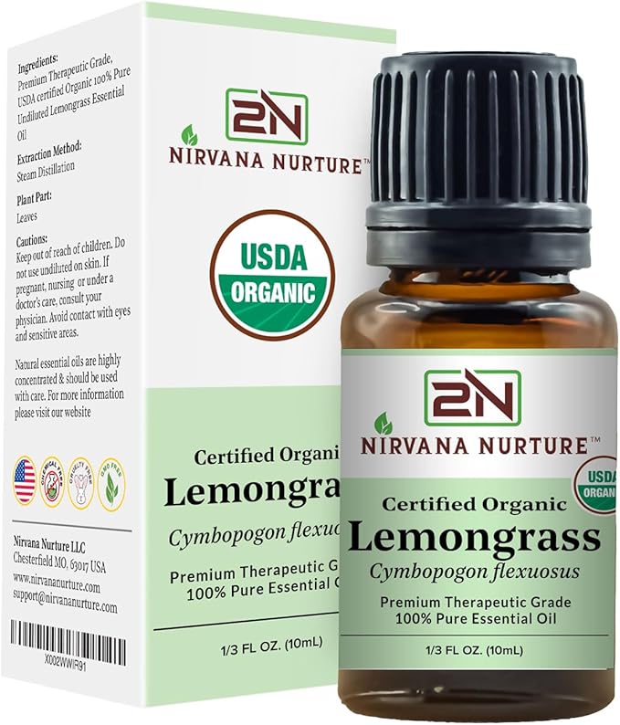 Lemongrass Essential Oil, USDA Certified Organic, 100% Pure Undiluted, Aromatherapy Oil for Diffuser, Hair & Skin Care NirvanaNurture
