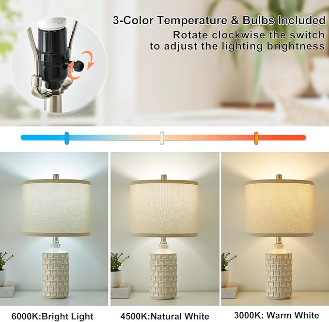 Luvkczc Vintage Farmhouse Table Lamp Set of 2, Grid Nightstand Lamp with Eye-Protecting Fabric Shade, 3-Color Temperature&2 Bulbs - Rustic Table Lamp Lamps for Living Room Bedroom Decor - Bloomnest