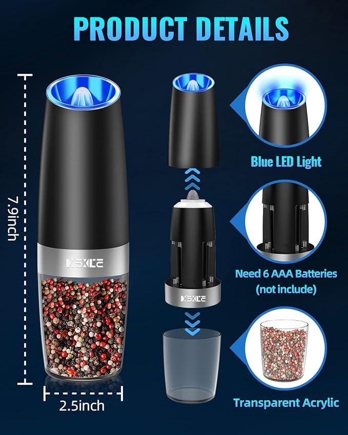 XinXu Gravity Electric Pepper and Salt Grinder Set, Adjustable Coarseness, Battery Powered with LED Light, One Hand Automatic Operation, Black -2 Pack - Bloomnest
