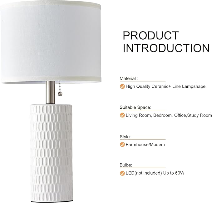 Table Lamps for Living Room Set of 2, Ceramic Table Lamps for Bedroom, 20" Modern Lamps for Night Stands, White - Bloomnest