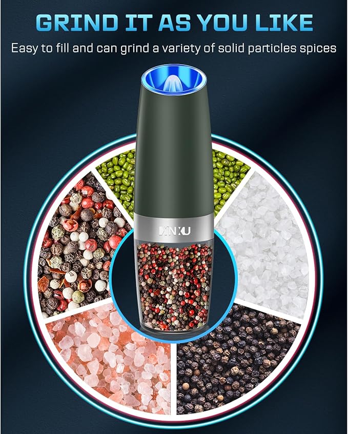 XinXu Gravity Electric Pepper and Salt Grinder Set, Adjustable Coarseness, with LED Light, One Hand Automatic Operation (Set/DarkGreen X) - Bloomnest