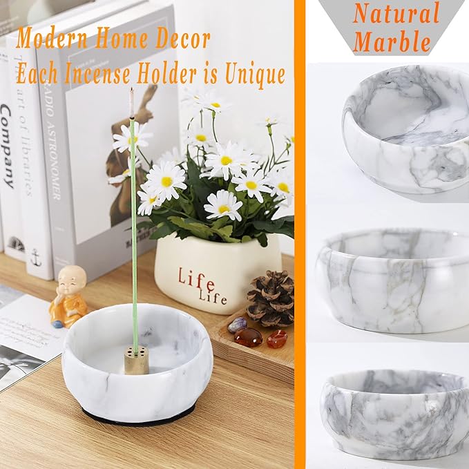 Marble Incense Holder, 9 Hole Burner for Meditation, Natural White & Grey Ash Grabber - Birthday Gift for Mom - Bloomnest