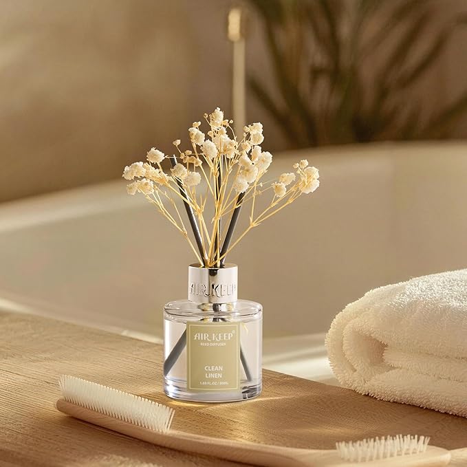 Airkeep Reed Diffuser Set,1.69 fl oz (50 ml) - Clean Linen Oil Diffusers with 8 Reed Sticks,Home Fragrance Reed Diffuser for Bathroom Shelf Decor - Bloomnest
