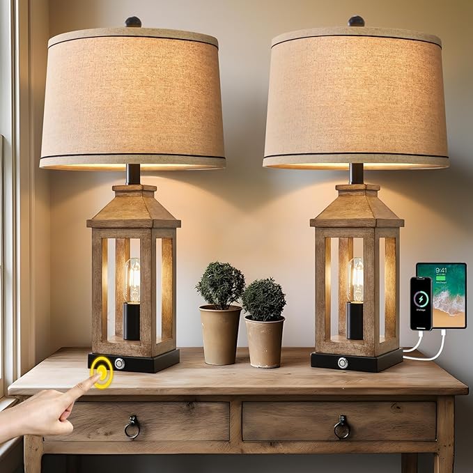 23.75" Farmhouse Dual USB Charging Ports 3-Way Dimmable Touch Control Table Lamp with Nightlight Vintage Modern Lamps for Living Room Bedroom - Bloomnest