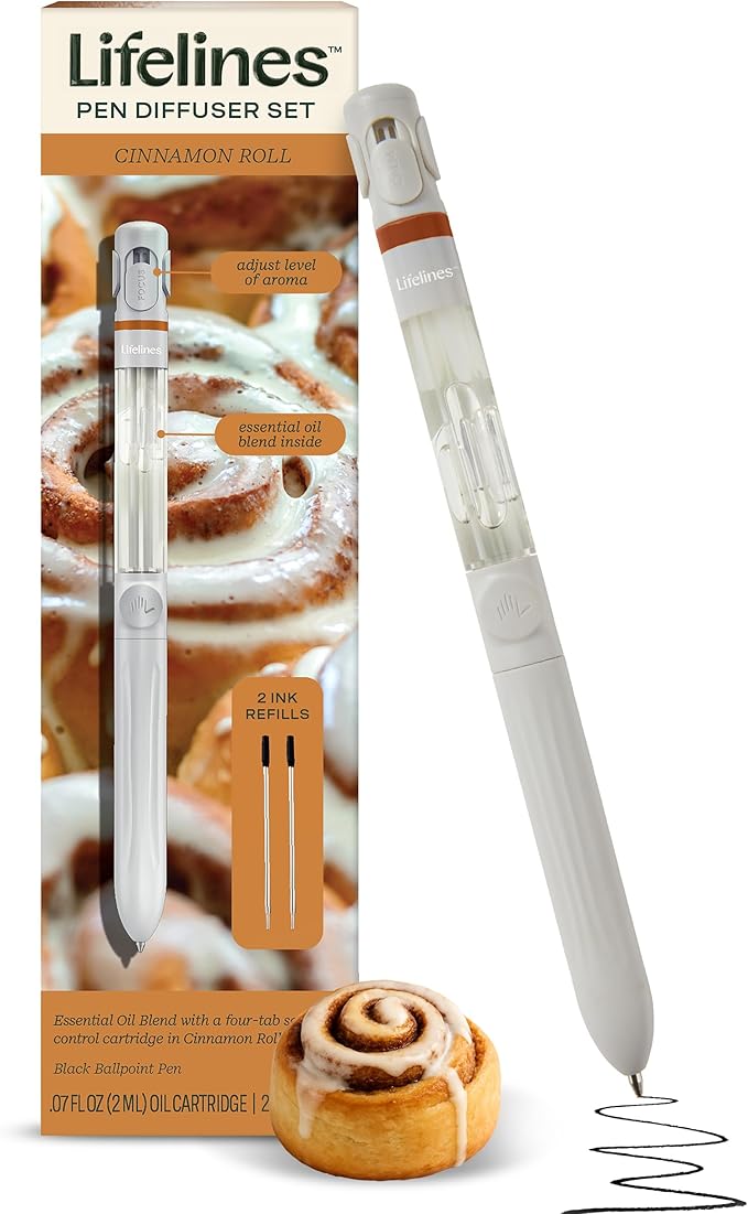 Lifelines Pen Diffuser Set, Cinnamon Roll - 1mm Black Ballpoint Pen with Scented Essential Oil Blend & 2 Ink Refills – Aromatherapy Diffuser & Sensory Immersion Diffuse Aroma As You Write - Bloomnest