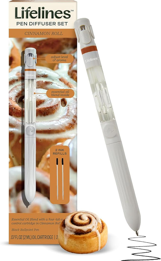 Lifelines Pen Diffuser Set, Cinnamon Roll - 1mm Black Ballpoint Pen with Scented Essential Oil Blend & 2 Ink Refills – Aromatherapy Diffuser & Sensory Immersion Diffuse Aroma As You Write - Bloomnest