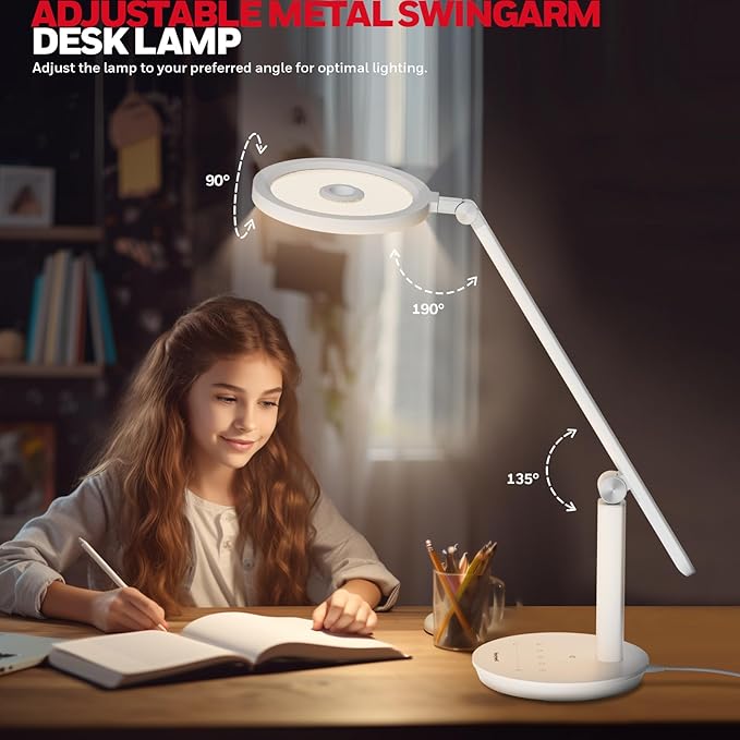 Honeywell Desk Lamp for Home Office, H6 Sunturalux™ Eye-Caring Led Desk Light, 800LM Dimmable Desk Lamp with Timer, Touch Control Tall Desk Reading Light, Table Lamp for Circle Webcam, Study, Bedroom - Bloomnest