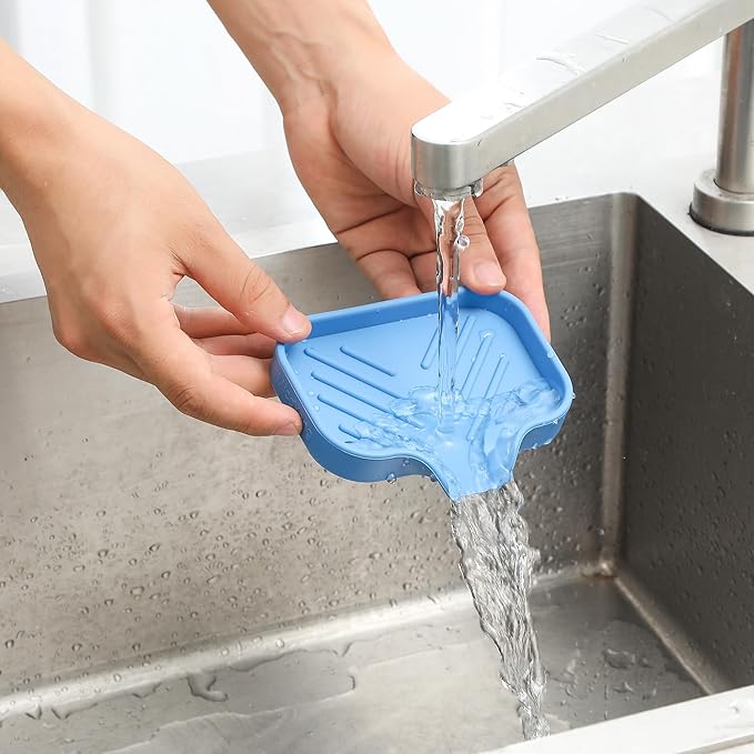 Silicone Bathroom Soap Dishes with Drain Spout-Bathroom and Kitchen Sink Organizer,Sponge Holder,Dish Soap Tray,Perfect for Dispenser,Scrubber,Bottle,Cup on Counter Lichen Blue 4.9"×3.2" - Bloomnest
