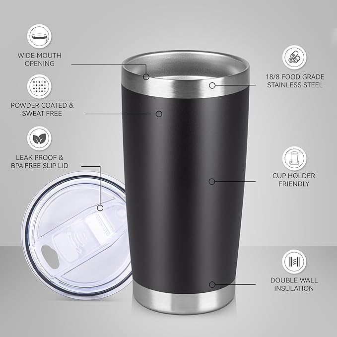 20 oz Tumbler Stainless Steel Tumblers Bulk with Lid Double Wall Insulated Coffee Tumbler Cups for Hot & Cold Drinks Powder Coated Travel Coffee Tumbler Mug Metal (Black, 1 pack) - Bloomnest