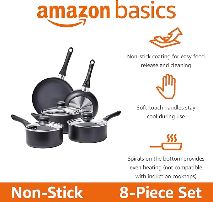 Amazon Basics Non Stick Kitchen Cookware 8-Piece Set, Non-Induction, Includes Pots and Pans, Black - Bloomnest