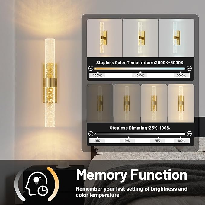 Gold Battery Operated Wall Sconce with Remote Control, 350°Rotate, Dimmable, 3000K/4000K/6000K, Timer, for Bedroom, Living Room, Hallway, Dining Room, 15.3 Inch, 1 Pack - Bloomnest