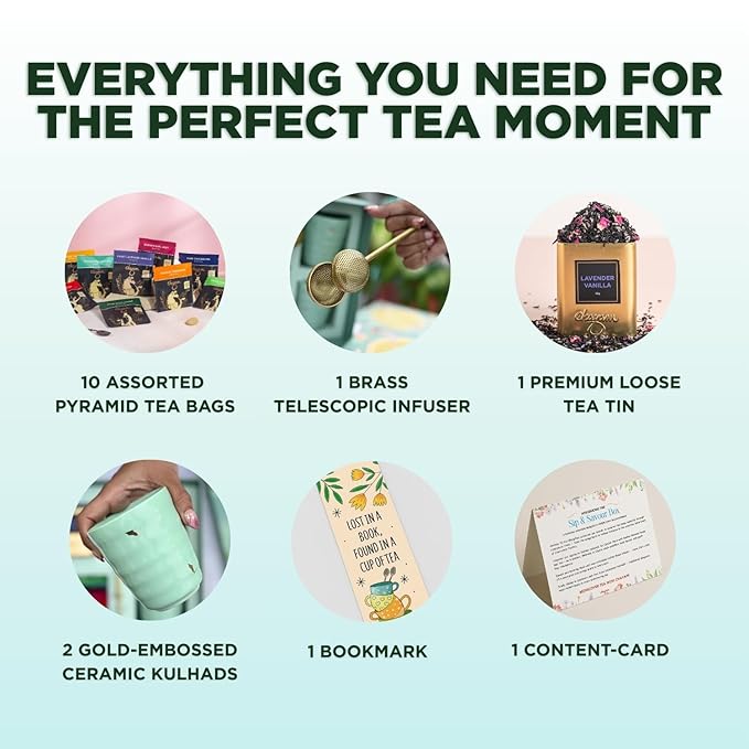 CHAYAM Luxury Tea Gift Set |10 Tea Bags, Lavender Vanilla Loose Leaf 50g/1.76oz, 2 Ceramic Cups & Premium Lead-Free Brass Infuser | Gift for Women & Tea Lovers - Bloomnest