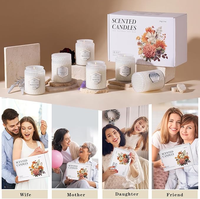 6 Pack Aromatherapy Candles for Home Scented, Gifts Set for Women, Natural Soy Wax Jar, 33 oz 240 Hour Long Lasting, for Birthday, Valentine's Day, White - Bloomnest