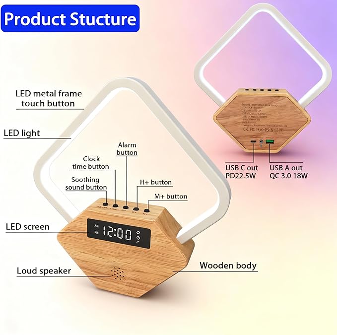 Wood Sunrise Alarm Clock with White Noise Machine 3 Color Night Light 15 Soothing Sounds Sleep Aid 30/60/90min Timer 10 Alarm Ringtones USB C PD Phone Charger Anniversary Birthday Gifts for Women Men - Bloomnest