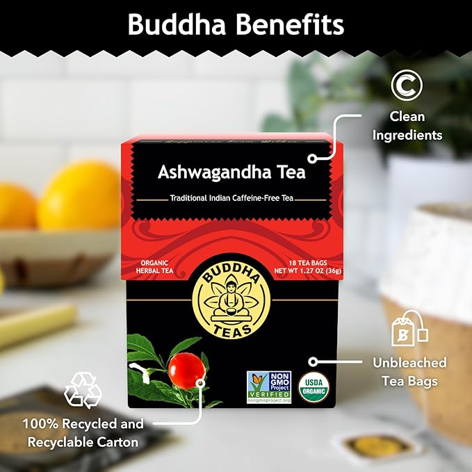 Buddha Teas - Ashwagandha Root Tea - Herbal Tea - Promote Cleansing & Wellness - With Antioxidants & Minerals - Clean Ingredients - Caffeine Free - OU Kosher - 18 Tea Bags (Pack of 1) - Bloomnest